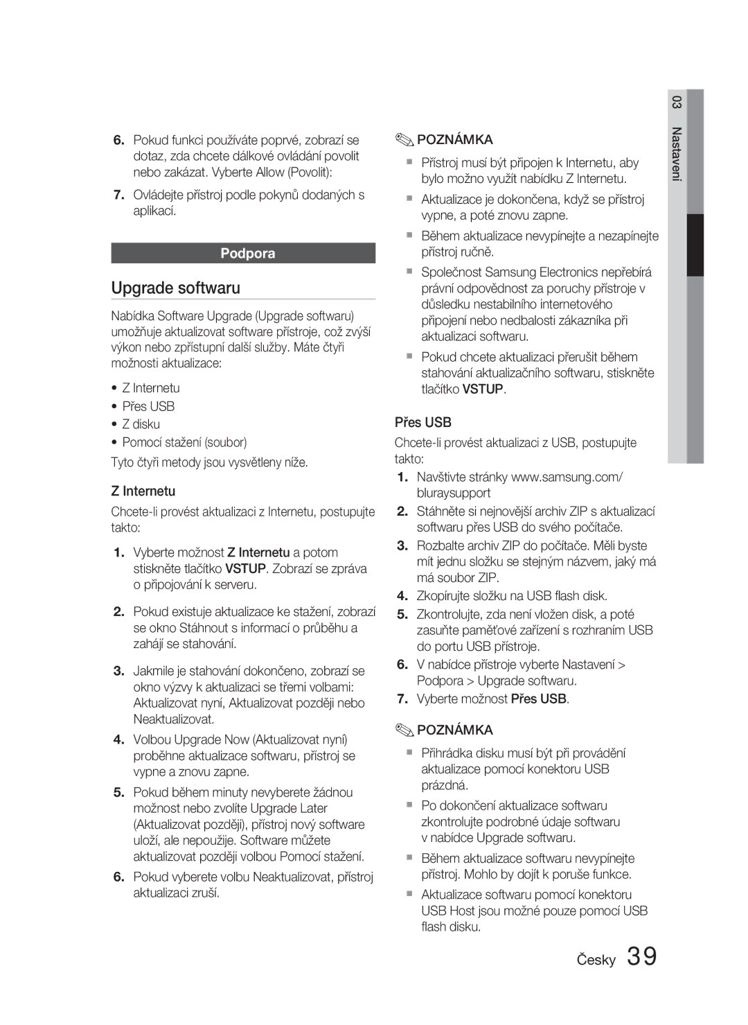 Samsung HT-D4550/EN, HT-D4500/EN manual Upgrade softwaru, Podpora, Internetu, Přes USB 