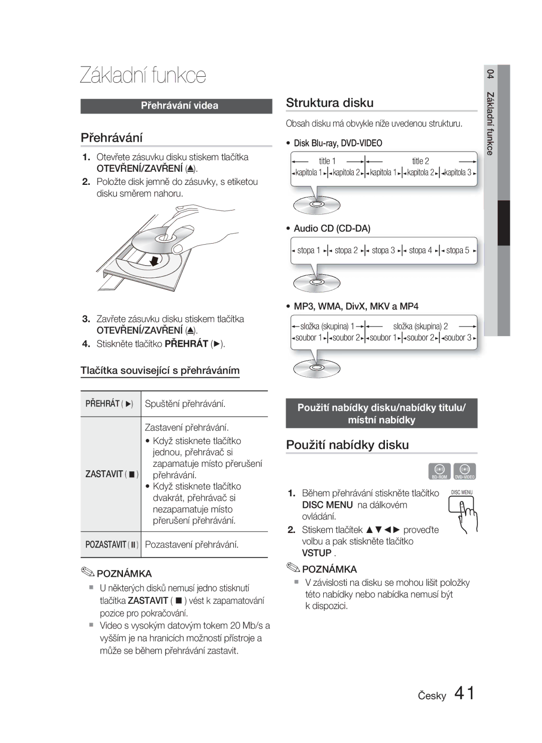 Samsung HT-D4550/EN, HT-D4500/EN manual Základní funkce, Přehrávání, Struktura disku, Použití nabídky disku 