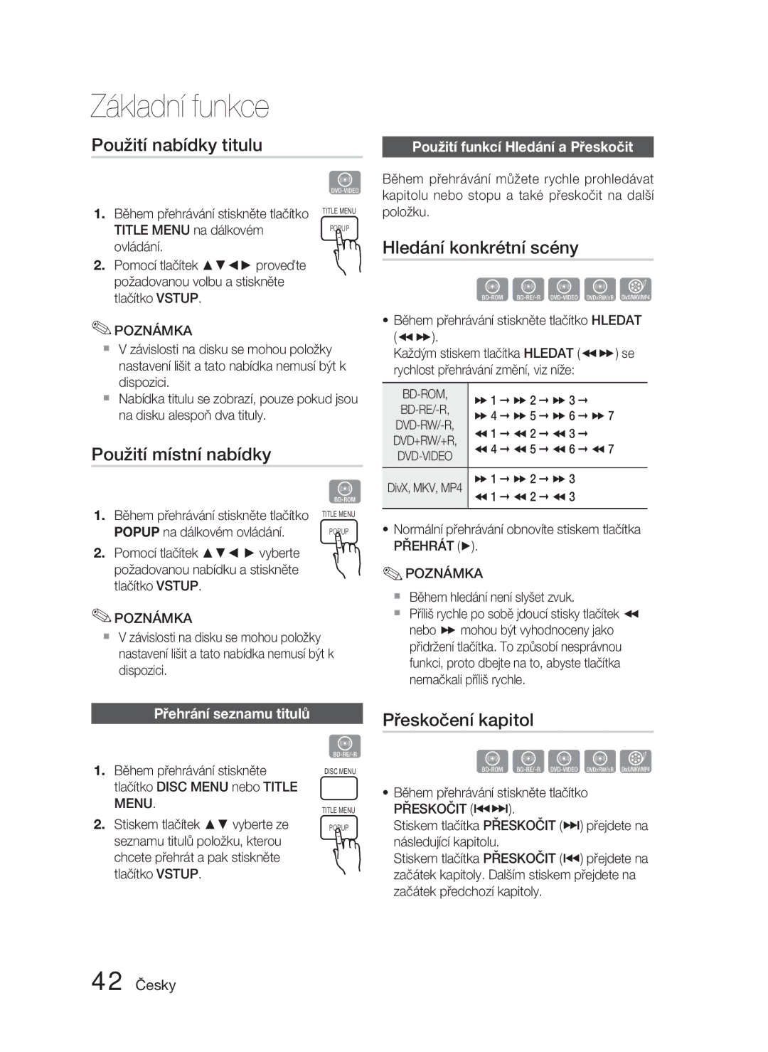 Samsung HT-D4500/EN manual Použití nabídky titulu, Hledání konkrétní scény, Použití místní nabídky, Přeskočení kapitol 