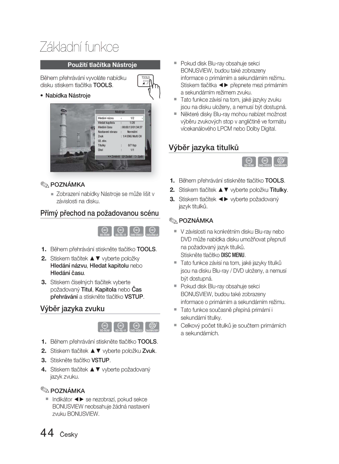 Samsung HT-D4500/EN, HT-D4550/EN manual Výběr jazyka zvuku, Výběr jazyka titulků, Použití tlačítka Nástroje, 44 Česky 