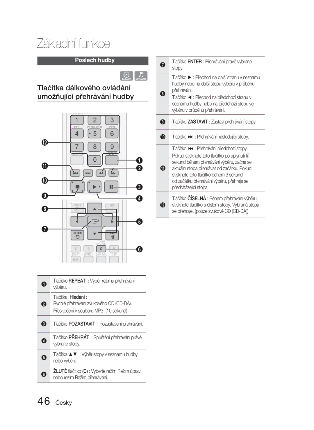 Samsung HT-D4500/EN, HT-D4550/EN manual Tlačítka dálkového ovládání umožňující přehrávání hudby, Poslech hudby, 46 Česky 