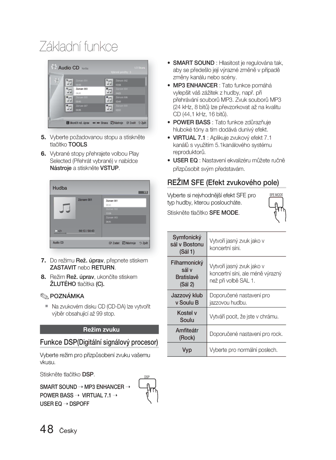 Samsung HT-D4500/EN, HT-D4550/EN manual Režim SFE Efekt zvukového pole, Režim zvuku, 48 Česky 