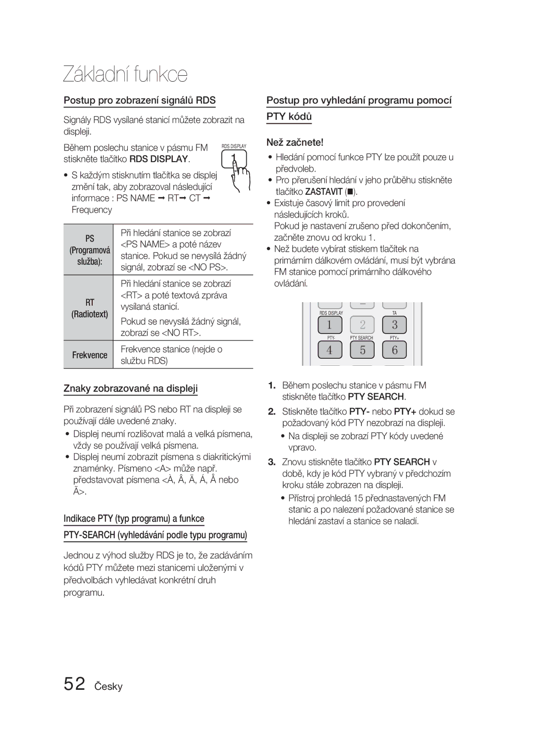 Samsung HT-D4500/EN Postup pro zobrazení signálů RDS, Znaky zobrazované na displeji, Indikace PTY typ programu a funkce 