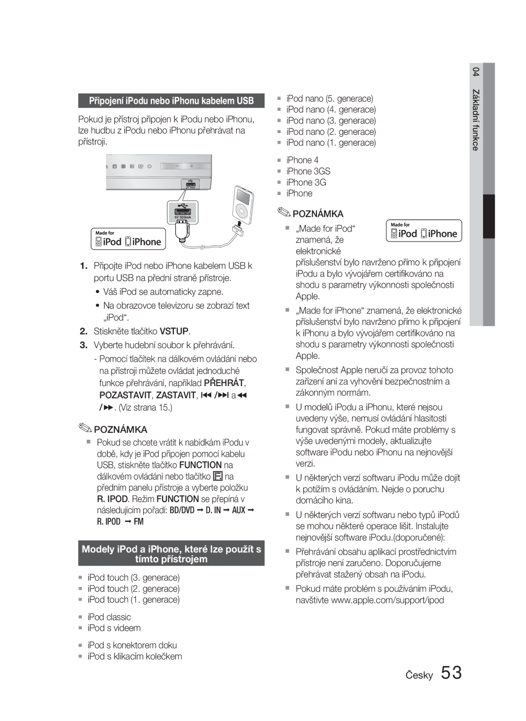 Samsung HT-D4550/EN manual Modely iPod a iPhone, které lze použít s Tímto přístrojem, Následujícím pořadí BD/DVD D. in AUX 