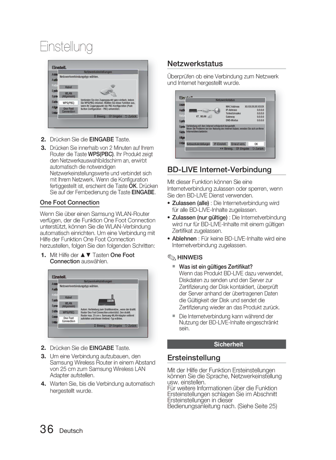 Samsung HT-D4500/EN manual Netzwerkstatus, BD-LIVE Internet-Verbindung, Ersteinstellung, One Foot Connection, Sicherheit 