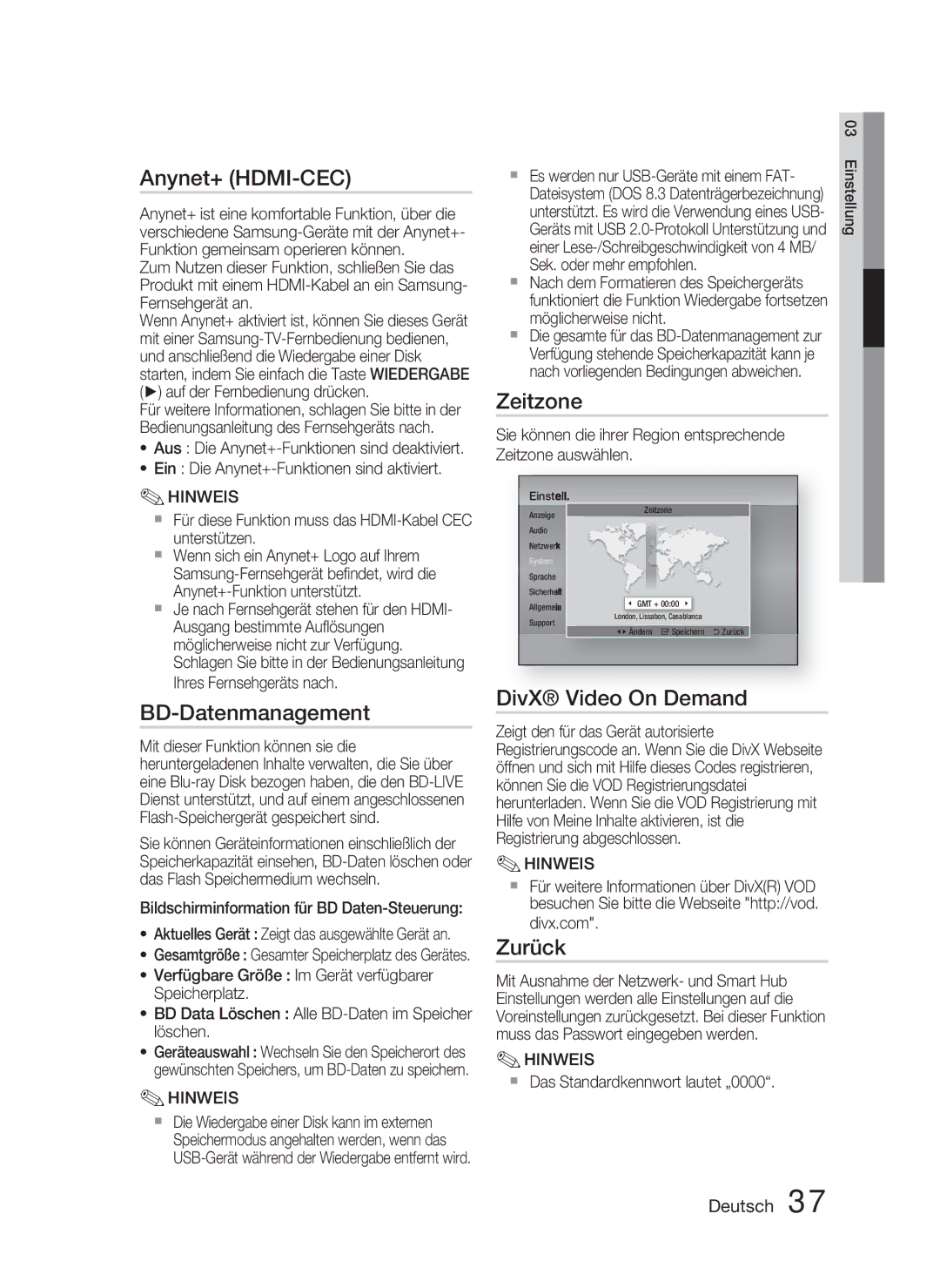 Samsung HT-D4500/EN manual Anynet+ HDMI-CEC, BD-Datenmanagement, Zeitzone, DivX Video On Demand, Zurück 