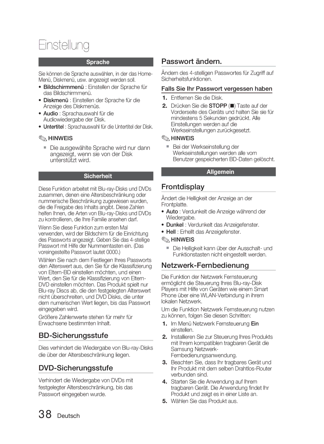 Samsung HT-D4500/EN manual BD-Sicherungsstufe, DVD-Sicherungsstufe, Passwort ändern, Frontdisplay, Netzwerk-Fernbedienung 