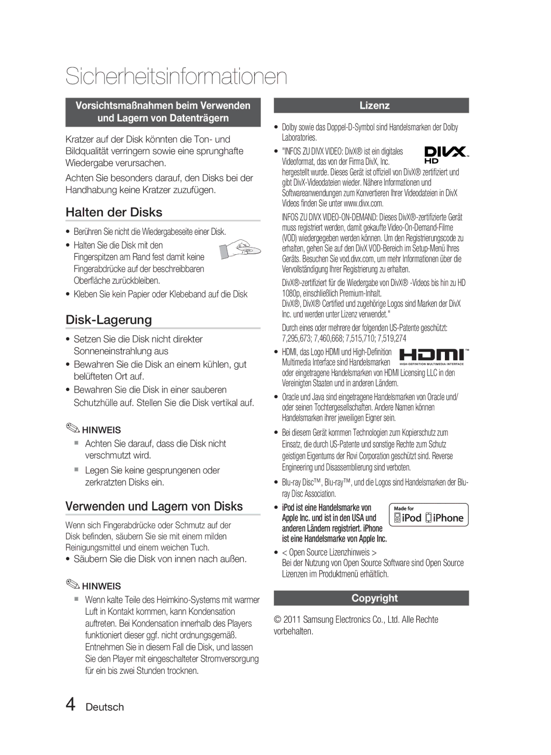 Samsung HT-D4500/EN manual Halten der Disks, Disk-Lagerung, Verwenden und Lagern von Disks, Lizenz, Copyright 