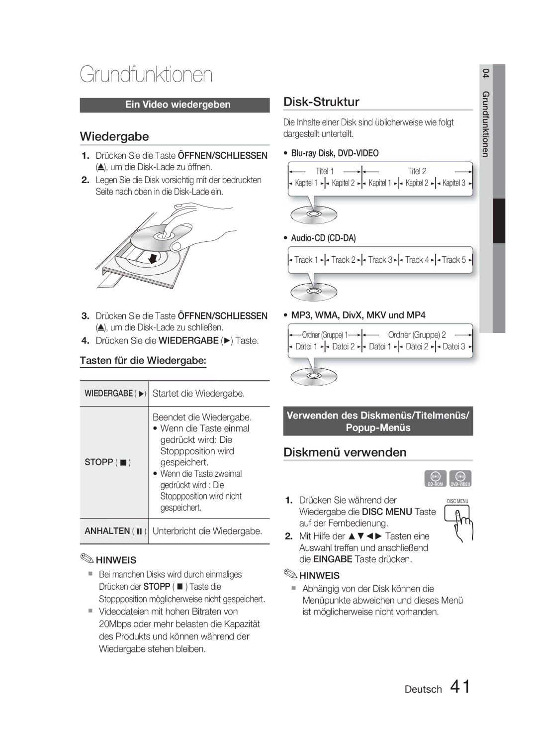 Samsung HT-D4500/EN manual Grundfunktionen, Wiedergabe, Disk-Struktur, Diskmenü verwenden 