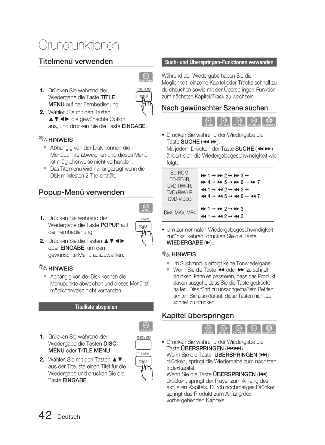 Samsung HT-D4500/EN manual Titelmenü verwenden, Popup-Menü verwenden, Nach gewünschter Szene suchen, Kapitel überspringen 