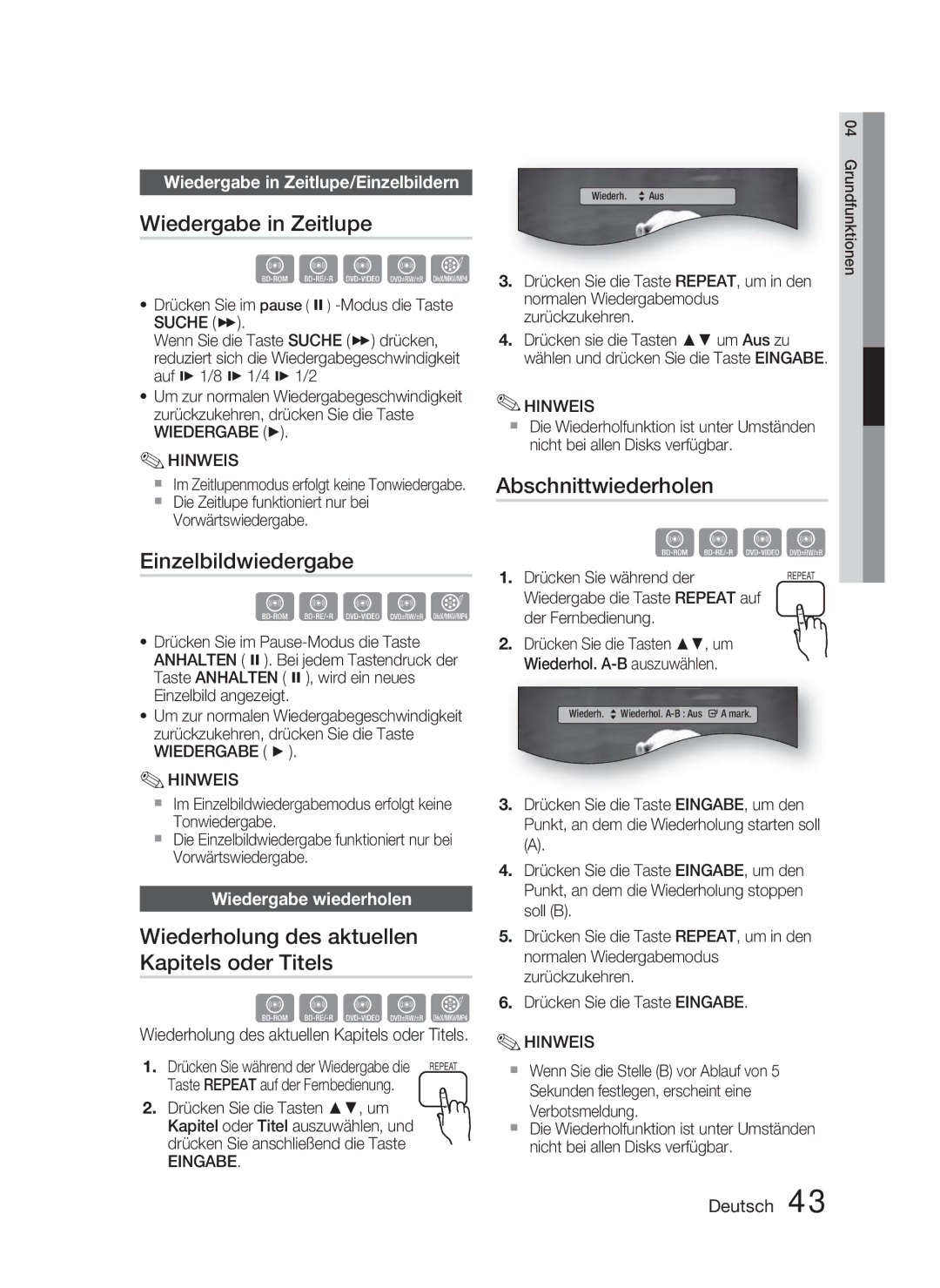 Samsung HT-D4500/EN manual Wiedergabe in Zeitlupe, Einzelbildwiedergabe, Wiederholung des aktuellen Kapitels oder Titels 