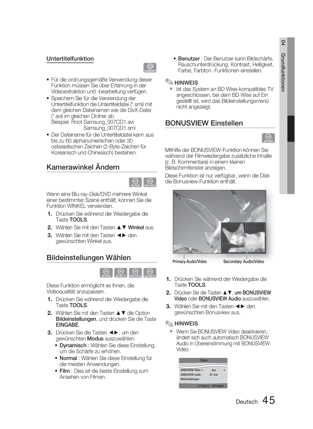 Samsung HT-D4500/EN manual Kamerawinkel Ändern, Bildeinstellungen Wählen, Bonusview Einstellen, Untertitelfunktion 