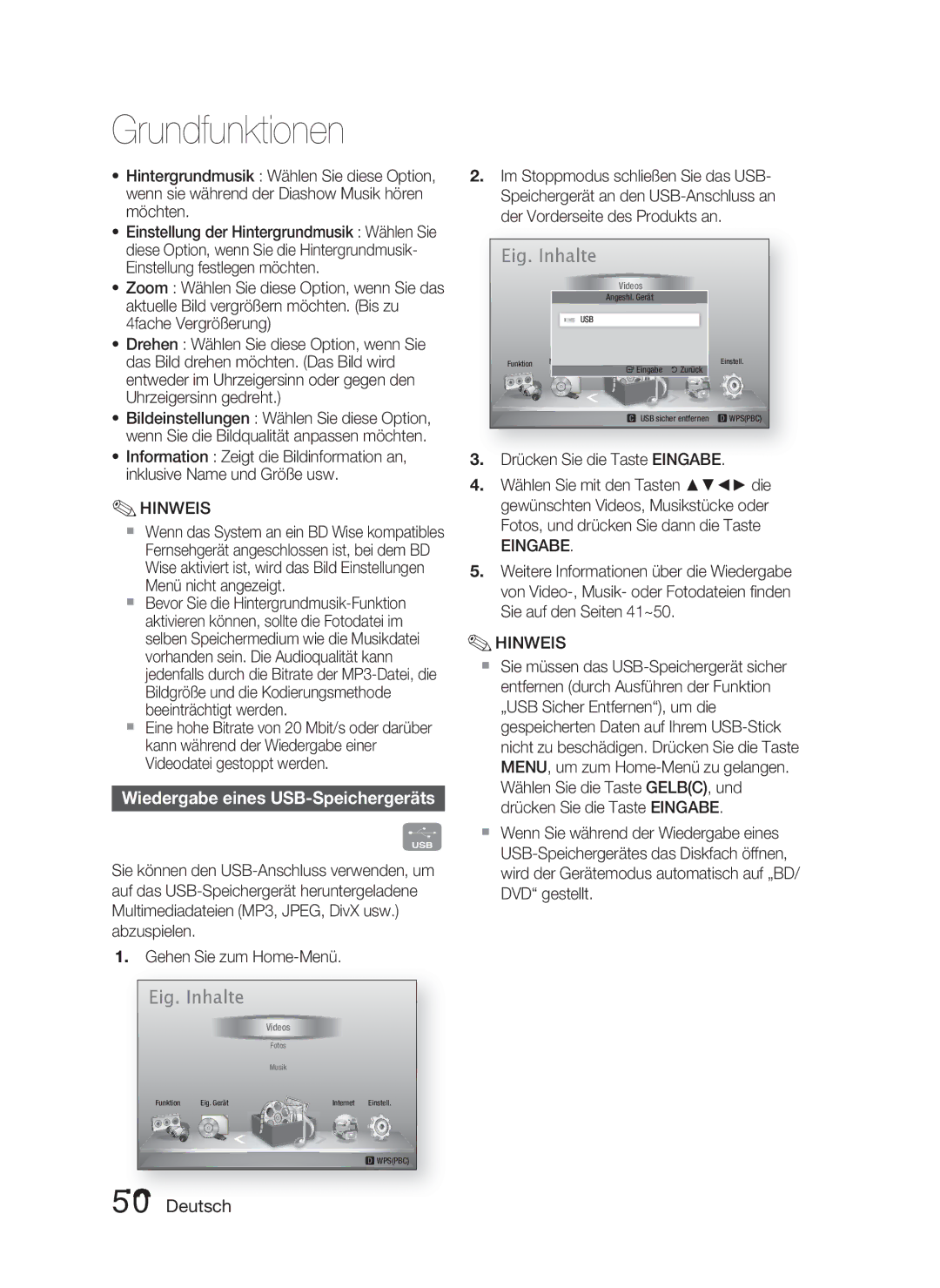 Samsung HT-D4500/EN manual Wiedergabe eines USB-Speichergeräts, Drücken Sie die Taste Eingabe 