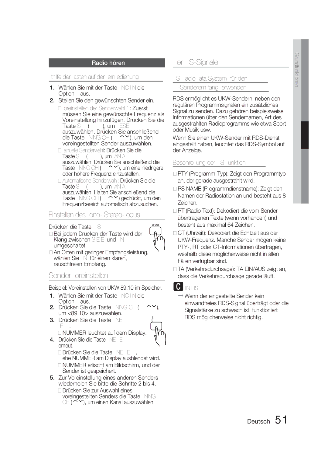 Samsung HT-D4500/EN manual Einstellen des Mono-/Stereo-Modus, Sender voreinstellen, Über RDS-Signale, Radio hören 