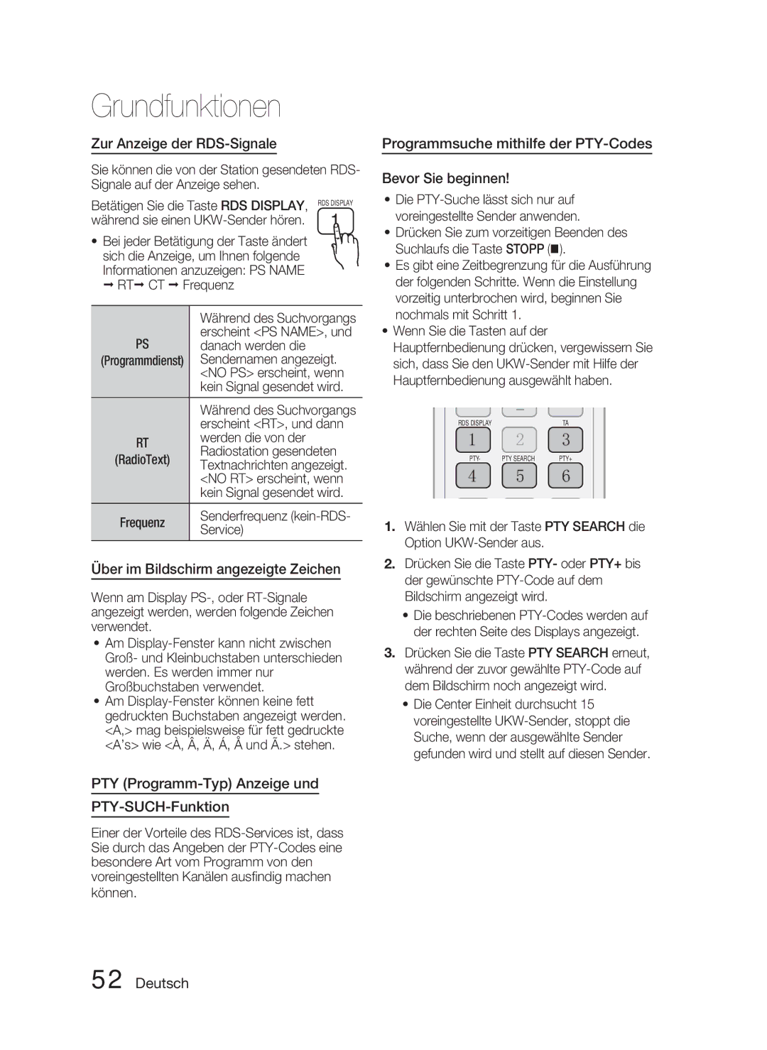 Samsung HT-D4500/EN manual Zur Anzeige der RDS-Signale, Über im Bildschirm angezeigte Zeichen 