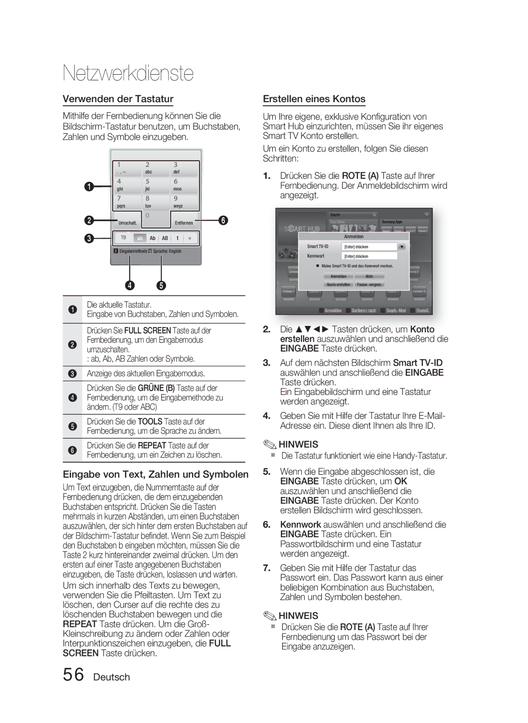 Samsung HT-D4500/EN manual Verwenden der Tastatur, Eingabe von Text, Zahlen und Symbolen, Erstellen eines Kontos 