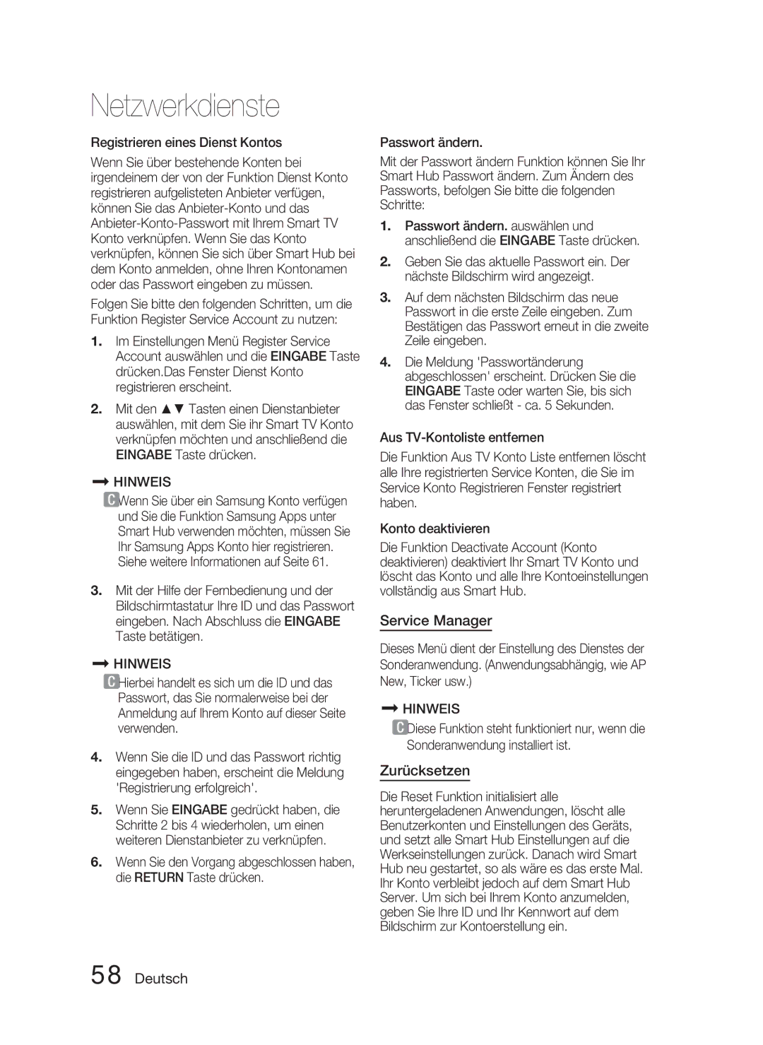 Samsung HT-D4500/EN manual Service Manager, Zurücksetzen, Registrieren eines Dienst Kontos 