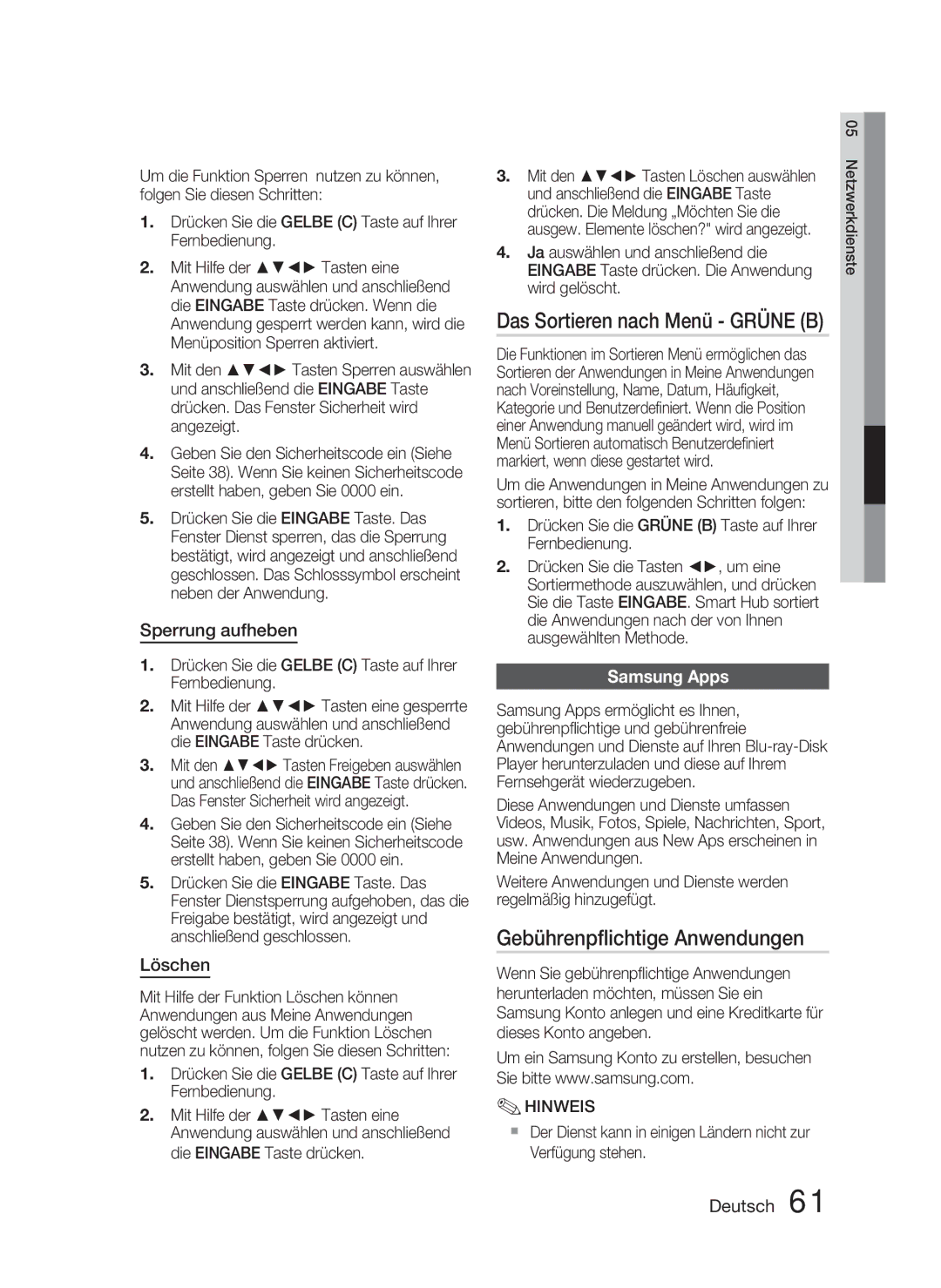 Samsung HT-D4500/EN manual Gebührenpﬂichtige Anwendungen, Das Sortieren nach Menü Grüne B, Sperrung aufheben, Löschen 