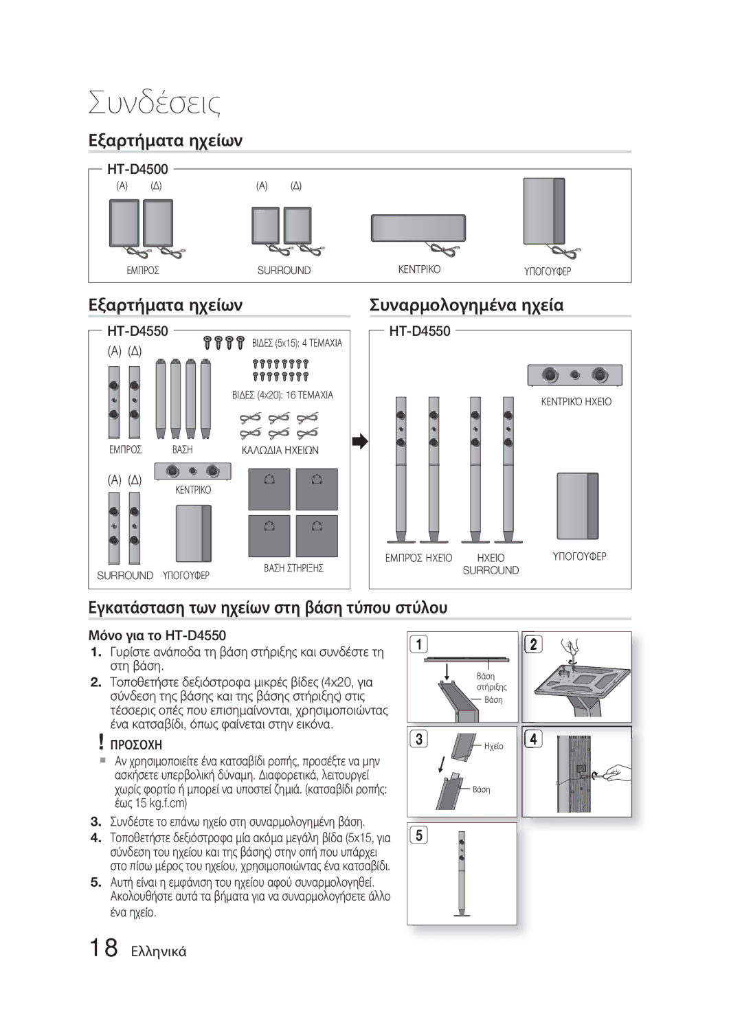 Samsung HT-D4500/EN manual Εξαρτήματα ηχείων Συναρμολογημένα ηχεία, Εγκατάσταση των ηχείων στη βάση τύπου στύλου 