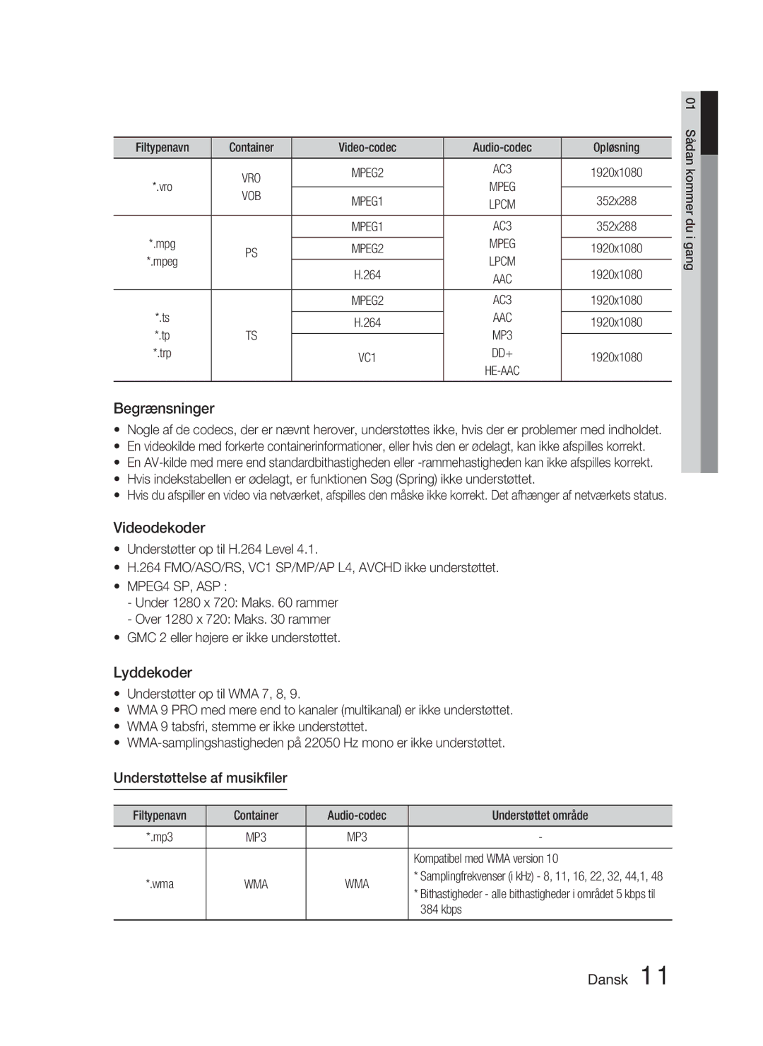 Samsung HT-D4500/XE manual Understøttelse af musikﬁler, Vob, MPEG4 SP, ASP 