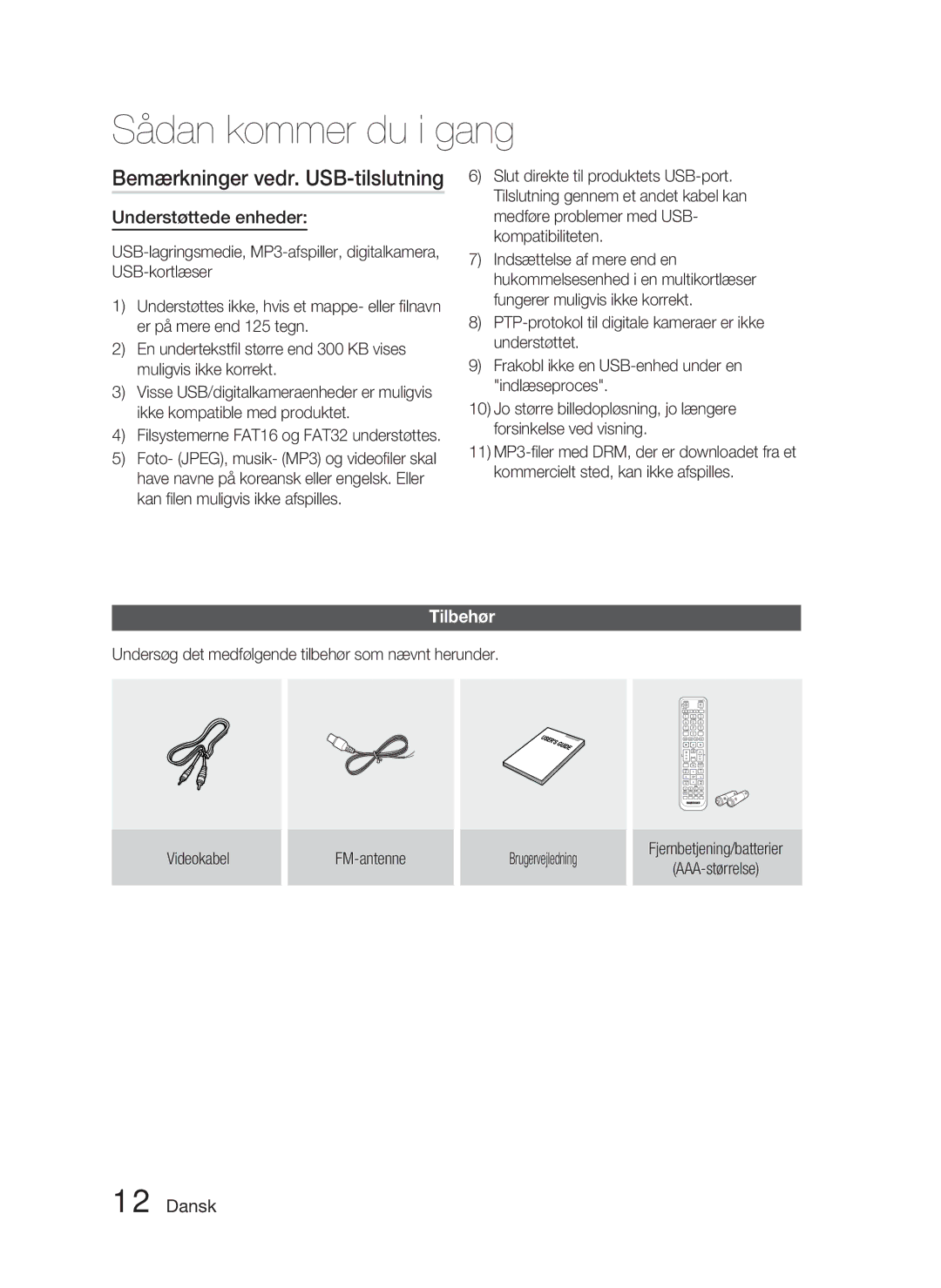 Samsung HT-D4500/XE manual Bemærkninger vedr. USB-tilslutning, Understøttede enheder, Tilbehør 