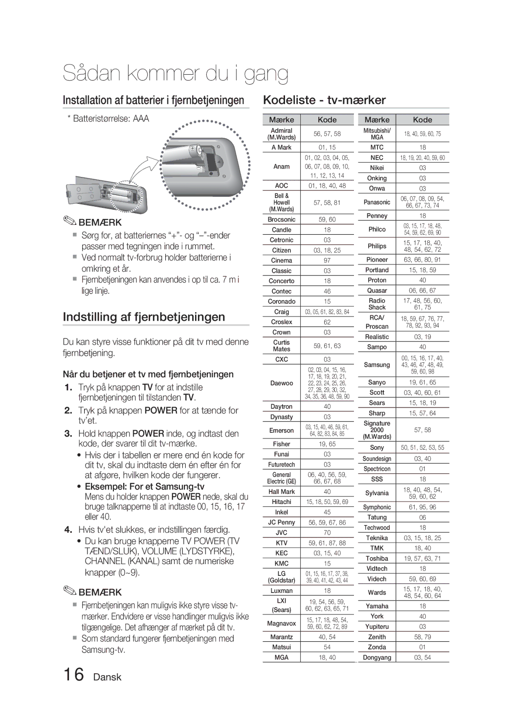 Samsung HT-D4500/XE manual Kodeliste tv-mærker, Indstilling af fjernbetjeningen, Batteristørrelse AAA 