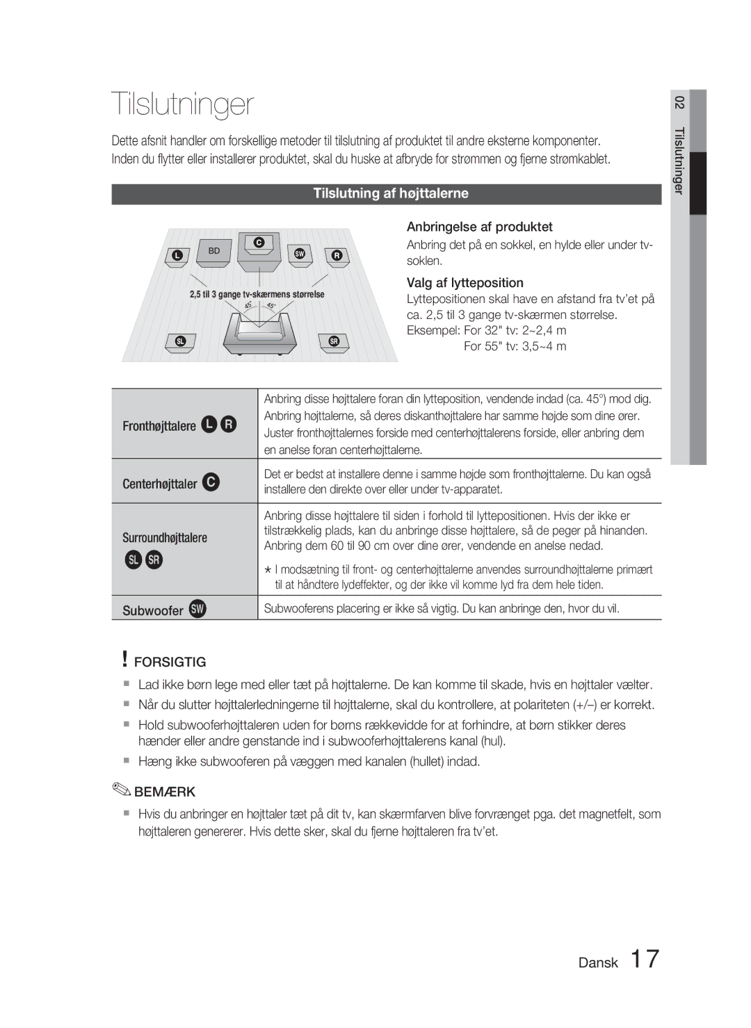 Samsung HT-D4500/XE manual Tilslutninger, Tilslutning af højttalerne 