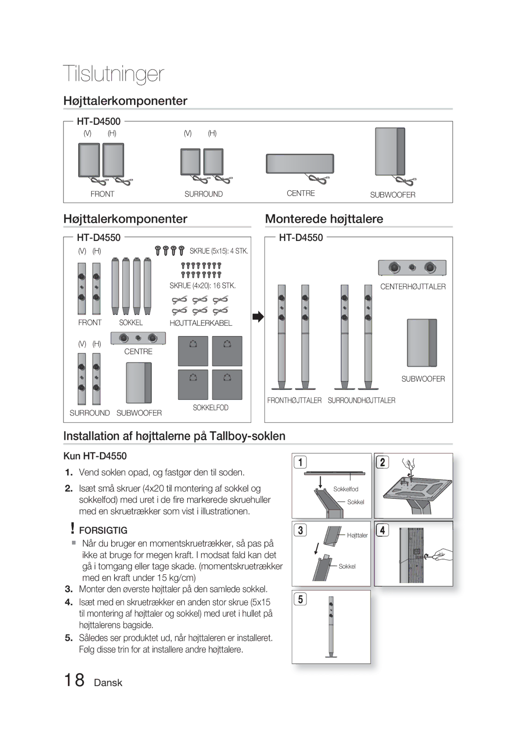 Samsung HT-D4500/XE manual Højttalerkomponenter Monterede højttalere, Installation af højttalerne på Tallboy-soklen 