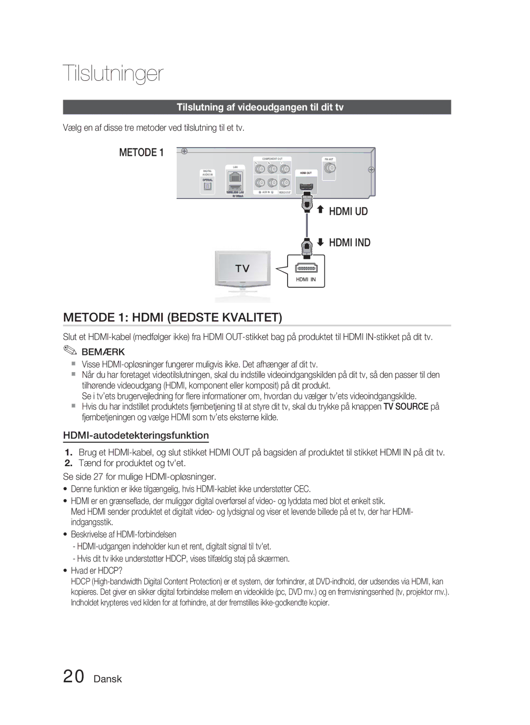 Samsung HT-D4500/XE manual Tilslutning af videoudgangen til dit tv, HDMI-autodetekteringsfunktion 