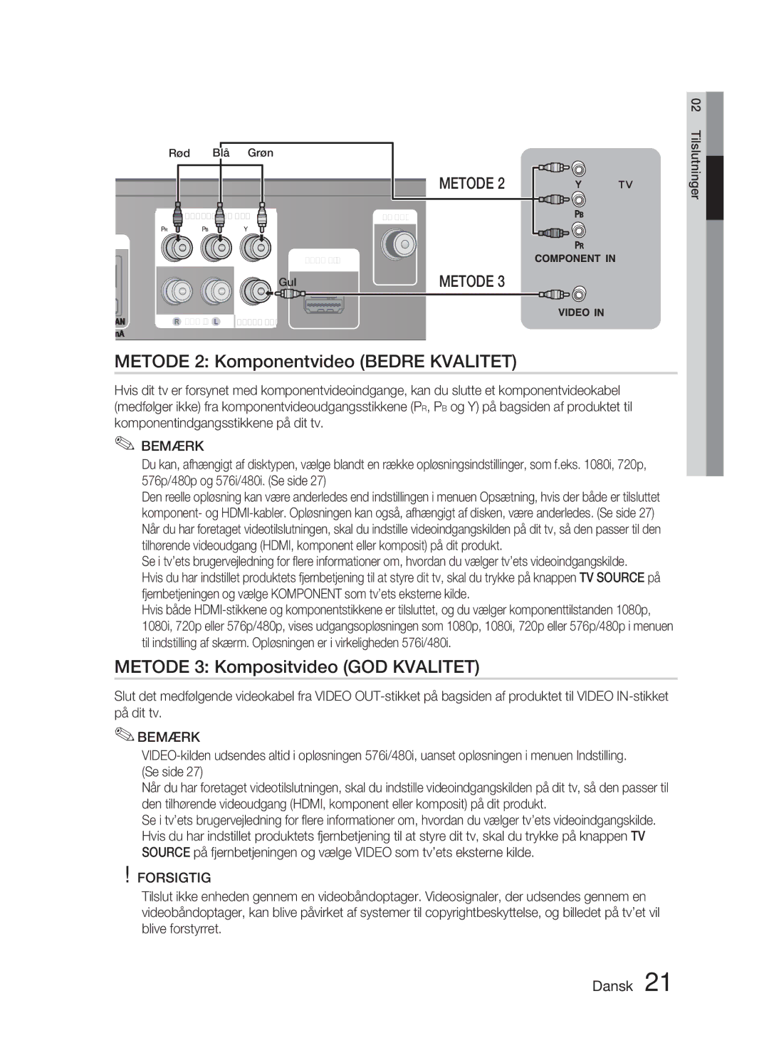 Samsung HT-D4500/XE manual Metode 2 Komponentvideo Bedre Kvalitet, Metode 3 Kompositvideo GOD Kvalitet 