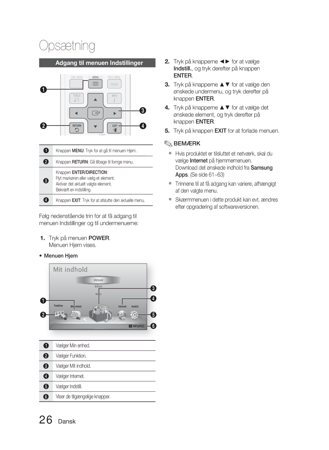 Samsung HT-D4500/XE manual Adgang til menuen Indstillinger 