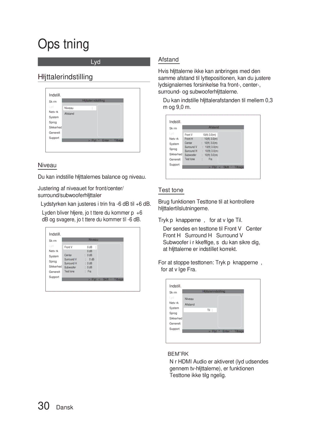 Samsung HT-D4500/XE manual Højttalerindstilling, Niveau, Afstand, Test tone 