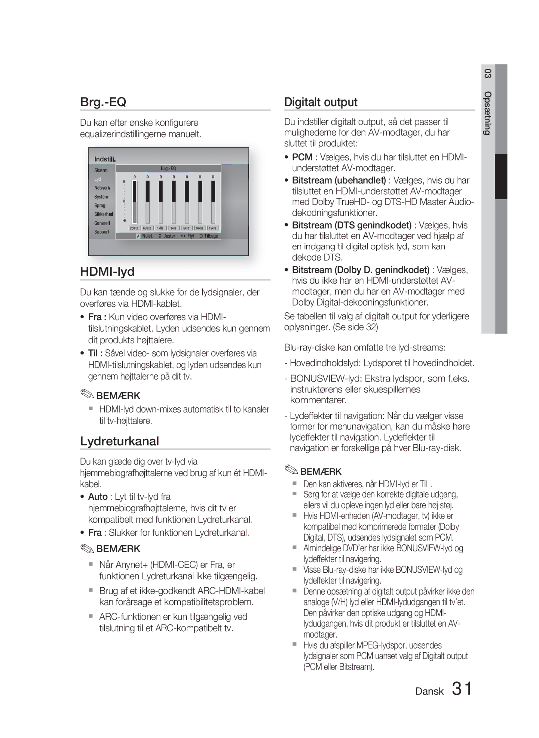 Samsung HT-D4500/XE manual Brg.-EQ, HDMI-lyd, Lydreturkanal, Digitalt output 