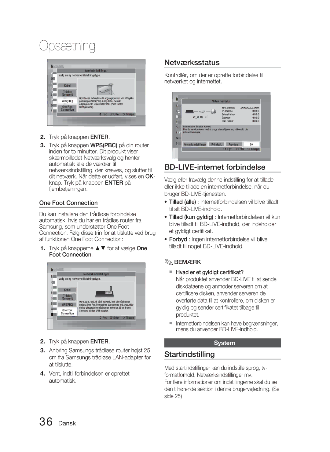 Samsung HT-D4500/XE manual Netværksstatus, BD-LIVE-internet forbindelse, Startindstilling, One Foot Connection, System 