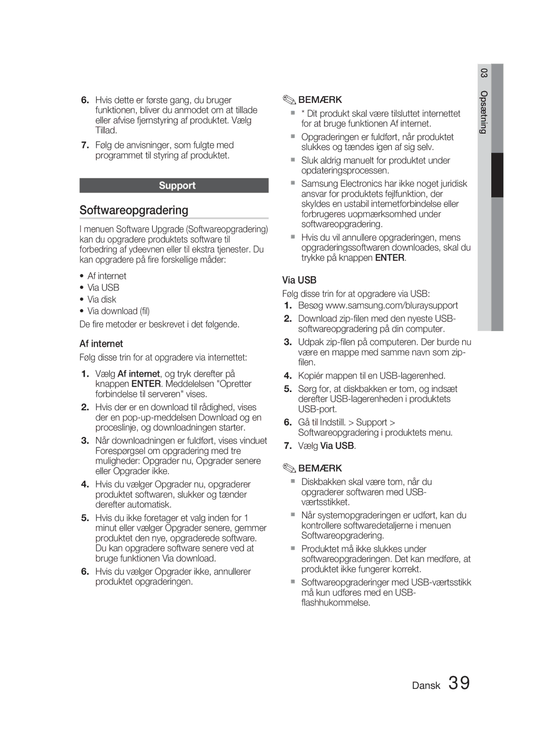 Samsung HT-D4500/XE manual Softwareopgradering, Support, Af internet, Via USB 