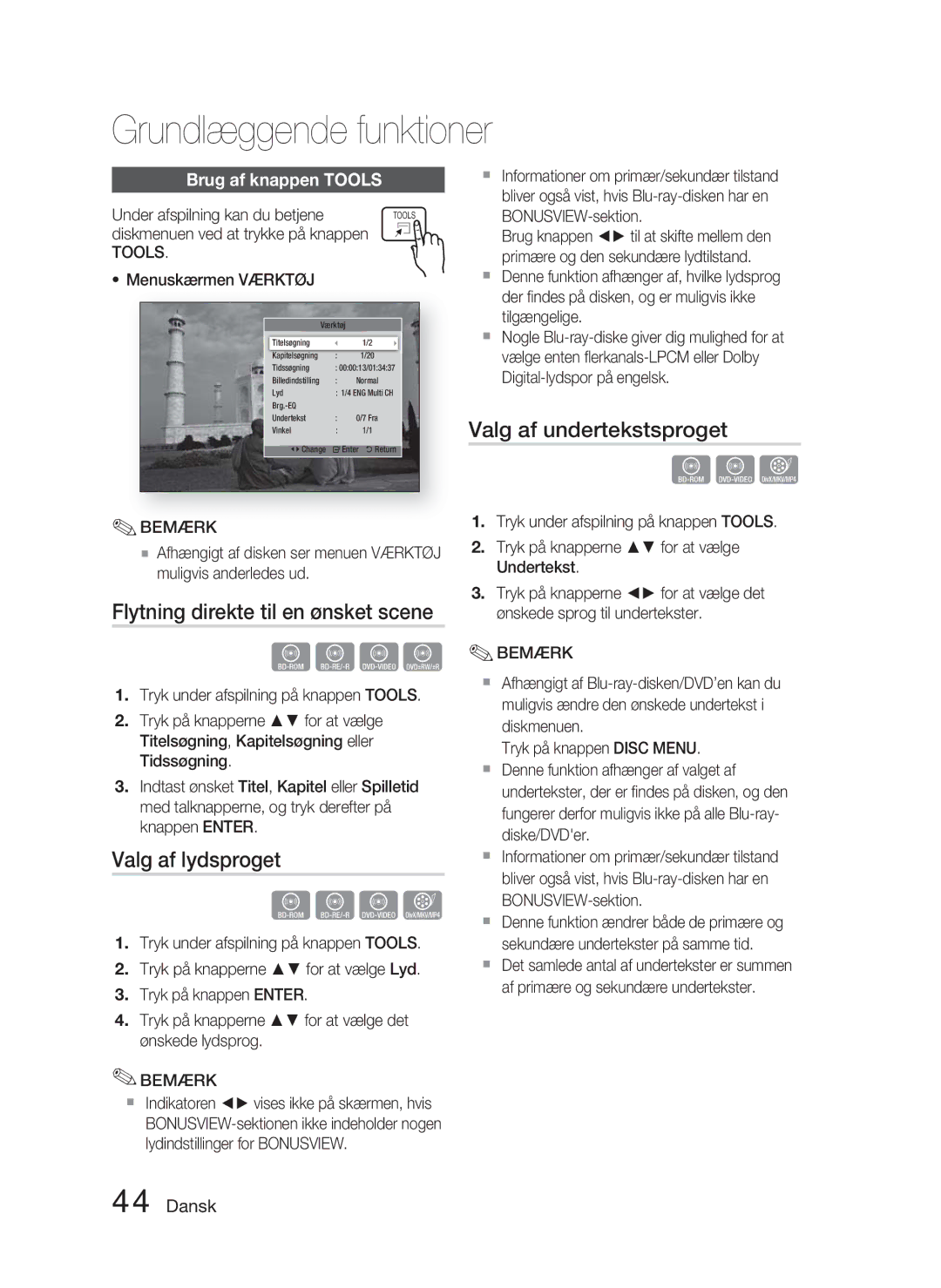 Samsung HT-D4500/XE manual Flytning direkte til en ønsket scene, Valg af lydsproget, Valg af undertekstsproget, Tools 