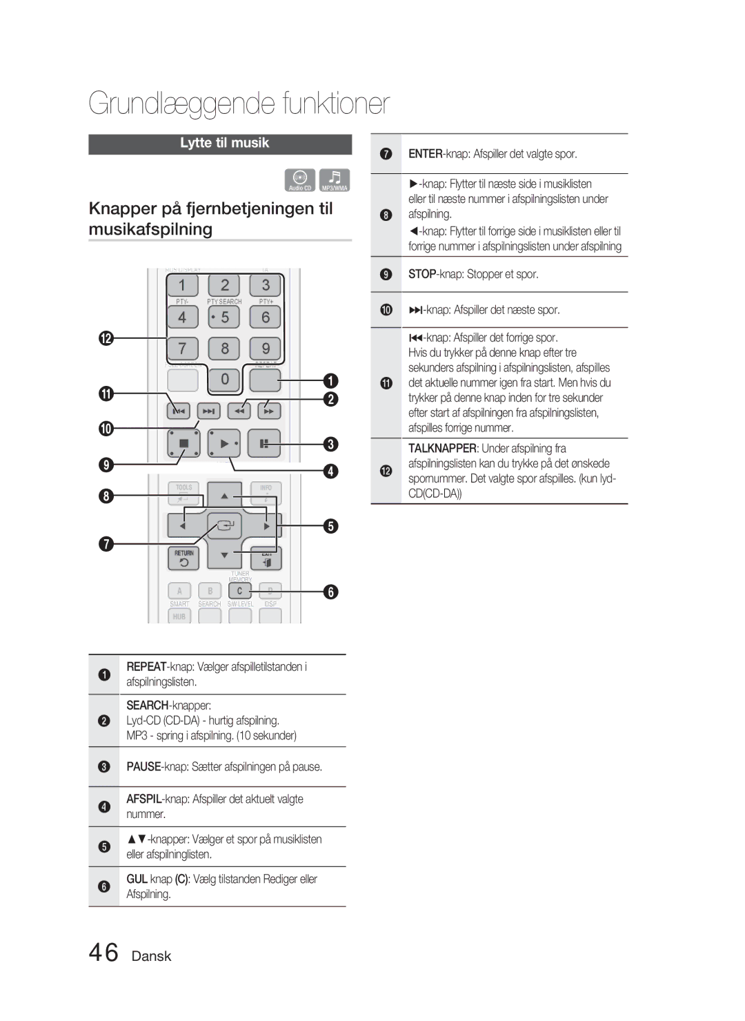 Samsung HT-D4500/XE manual Knapper på fjernbetjeningen til musikafspilning, Lytte til musik 