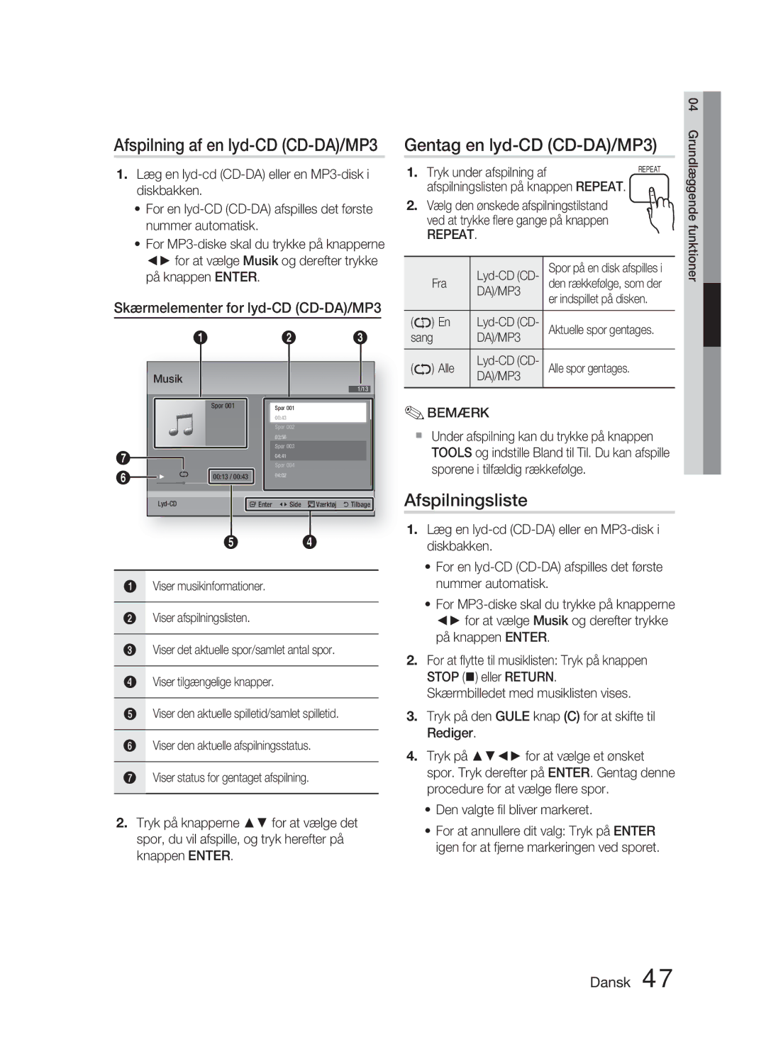 Samsung HT-D4500/XE manual Gentag en lyd-CD CD-DA/MP3, Afspilningsliste, Skærmelementer for lyd-CD CD-DA/MP3, Repeat 