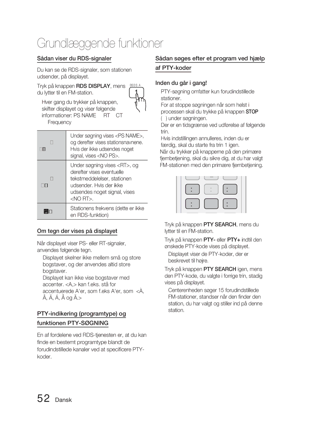 Samsung HT-D4500/XE Af PTY-koder, Om tegn der vises på displayet, PTY-indikering programtype og Funktionen PTY-SØGNING 