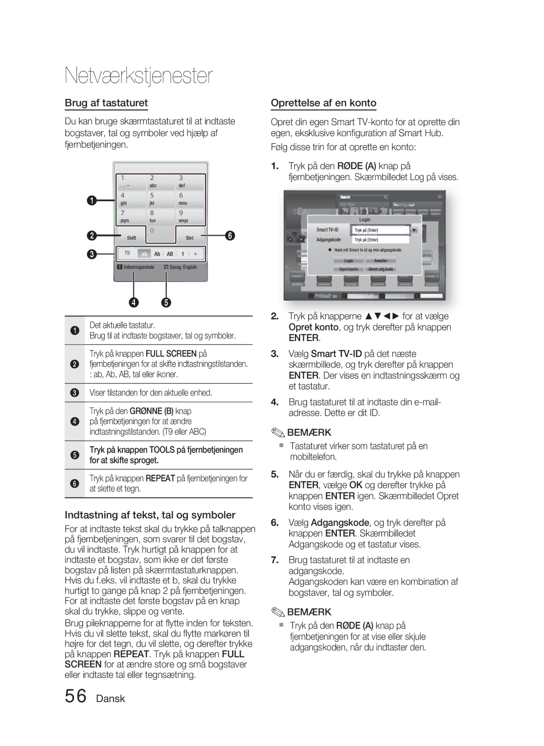 Samsung HT-D4500/XE manual Brug af tastaturet, Indtastning af tekst, tal og symboler, Oprettelse af en konto 