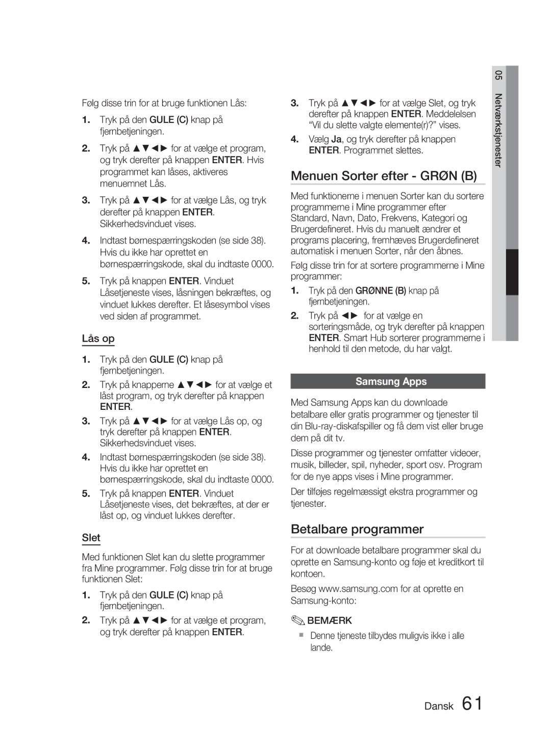 Samsung HT-D4500/XE manual Menuen Sorter efter Grøn B, Betalbare programmer, Lås op, Slet, Samsung Apps 