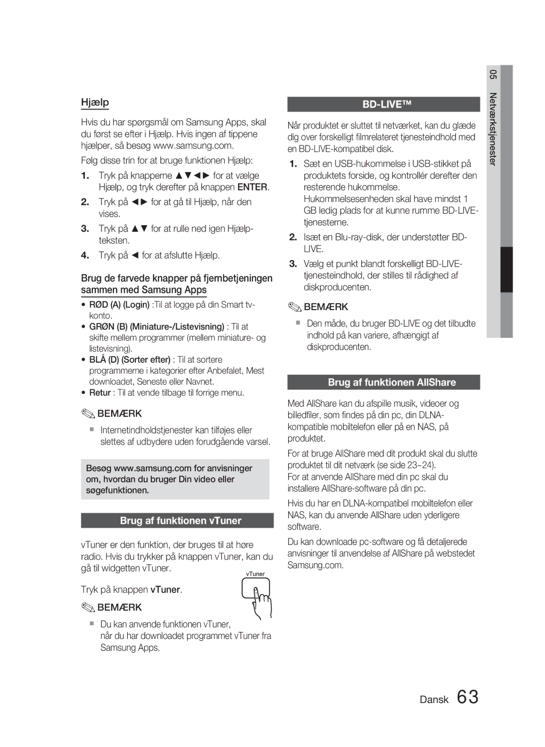 Samsung HT-D4500/XE manual Hjælp, Brug af funktionen vTuner, Brug af funktionen AllShare, Live 