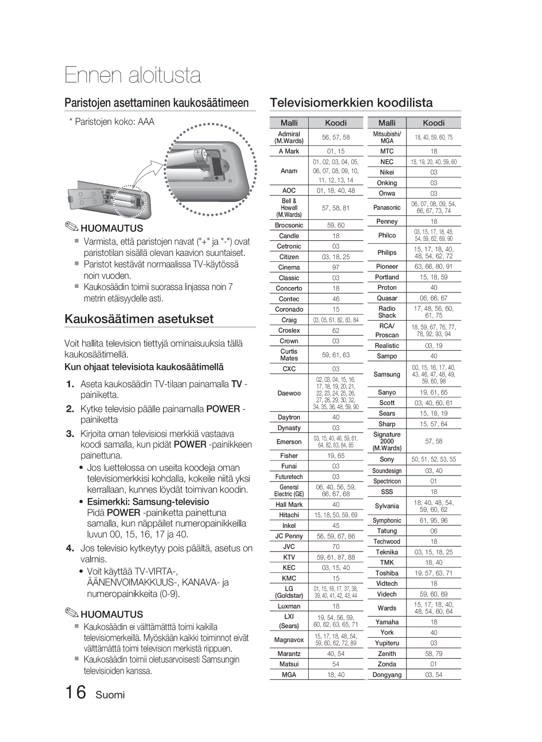 Samsung HT-D4500/XE manual Televisiomerkkien koodilista, Kaukosäätimen asetukset, Paristojen koko AAA 