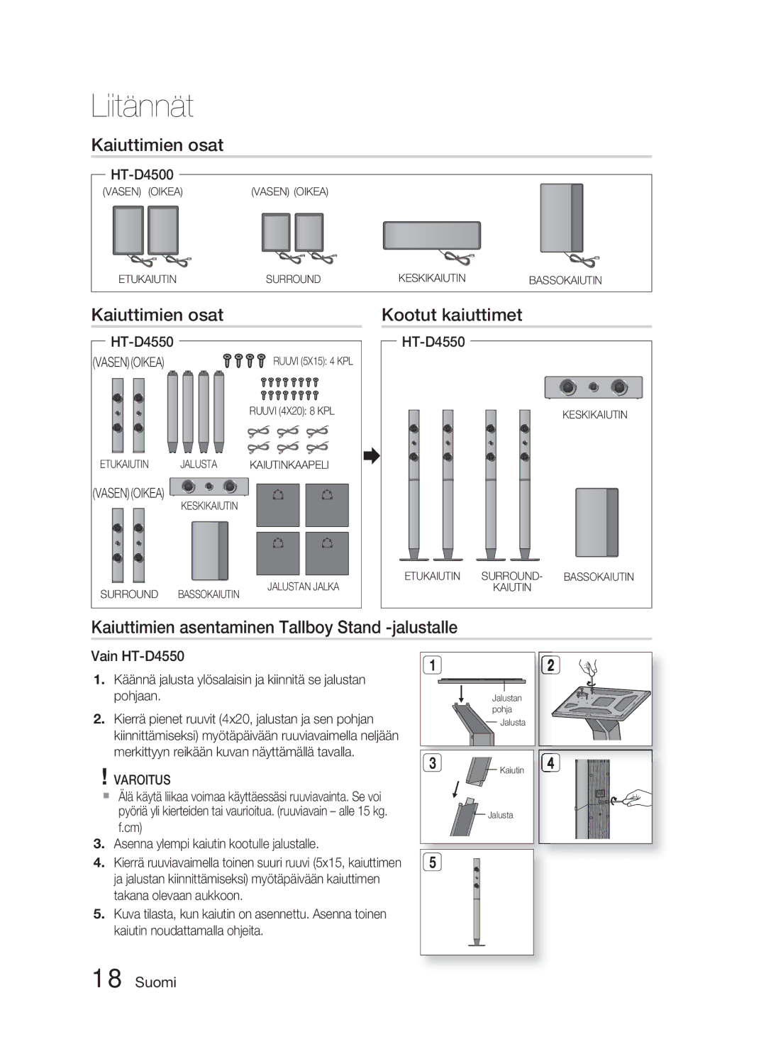 Samsung HT-D4500/XE Kaiuttimien osat Kootut kaiuttimet, Kaiuttimien asentaminen Tallboy Stand -jalustalle, HT-D4550 