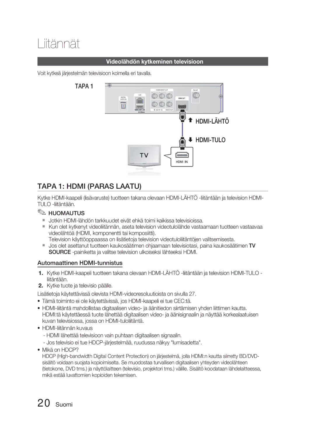 Samsung HT-D4500/XE manual Videolähdön kytkeminen televisioon, Automaattinen HDMI-tunnistus 