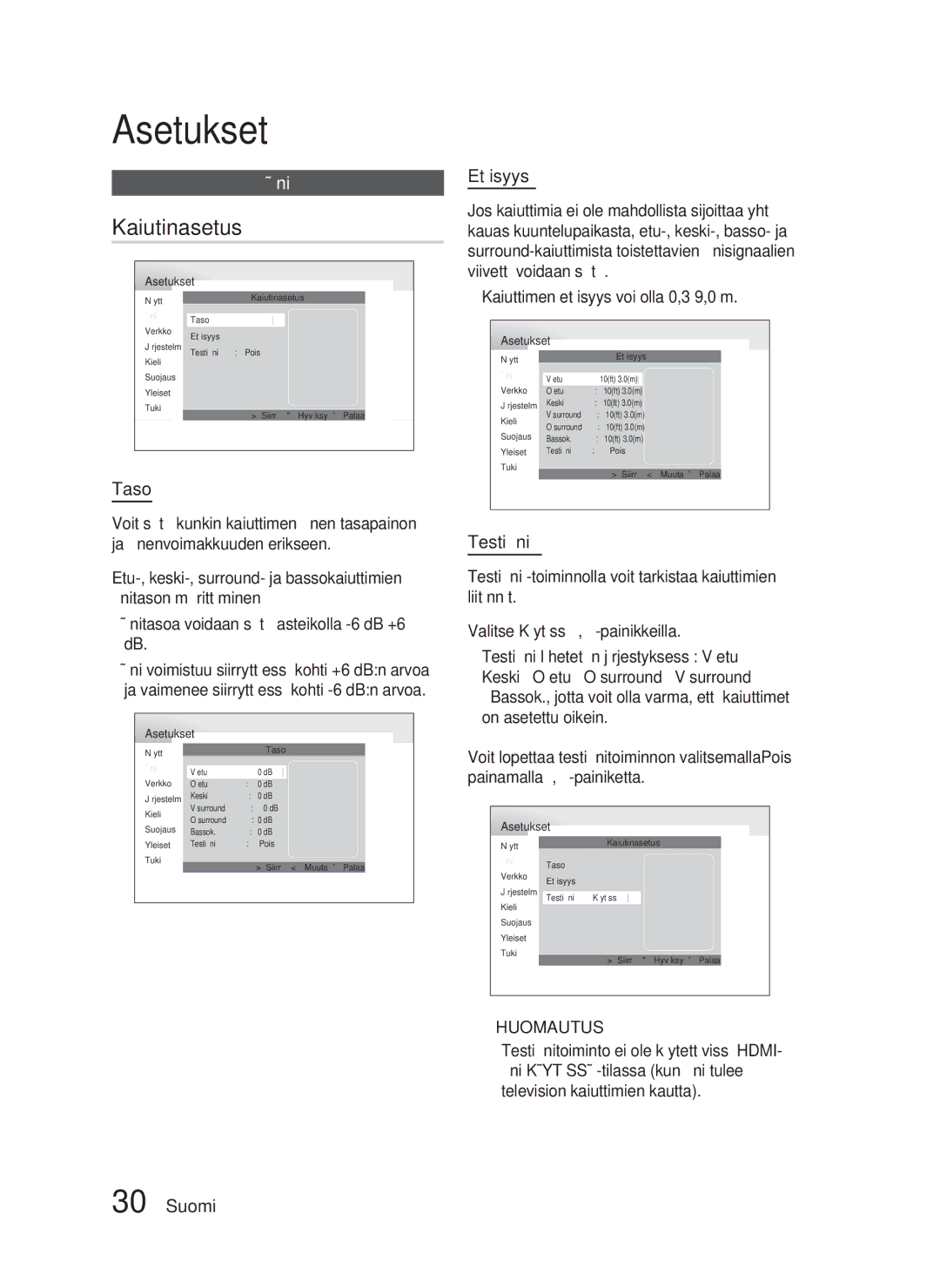 Samsung HT-D4500/XE manual Kaiutinasetus, Taso, Etäisyys, Testiääni 