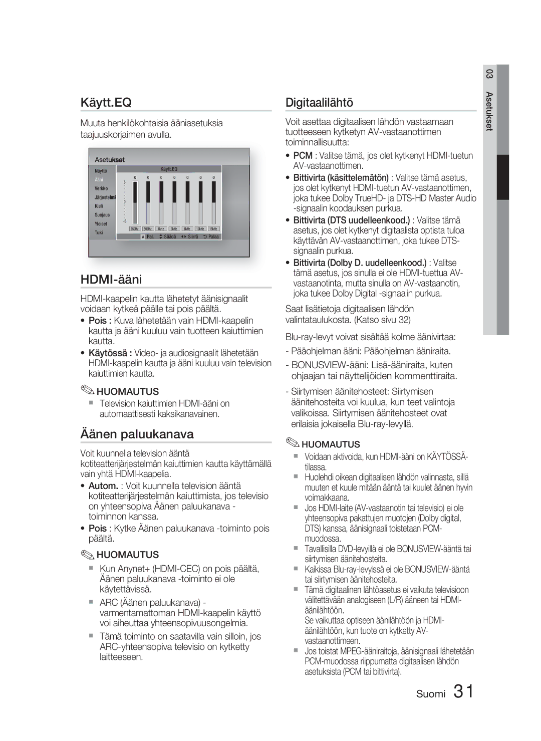 Samsung HT-D4500/XE manual Käytt.EQ, HDMI-ääni, Äänen paluukanava, Digitaalilähtö 