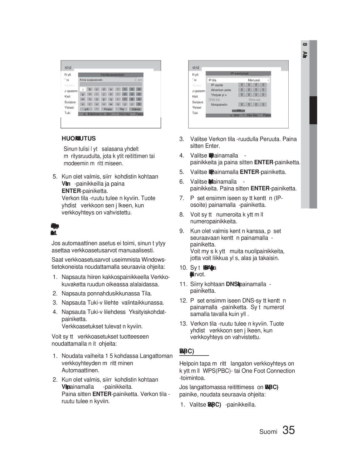 Samsung HT-D4500/XE manual Langattoman verkkoyhteyden määrittäminen Manuaalinen, Valitse Wpspbc -painikkeilla 