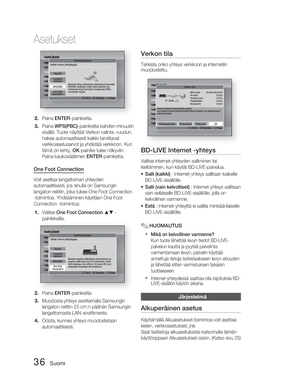 Samsung HT-D4500/XE manual Verkon tila, BD-LIVE Internet -yhteys, Alkuperäinen asetus, One Foot Connection, Järjestelmä 