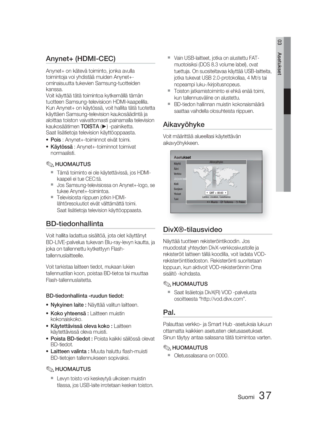 Samsung HT-D4500/XE manual Anynet+ HDMI-CEC, BD-tiedonhallinta, Aikavyöhyke, DivX-tilausvideo, Pal 